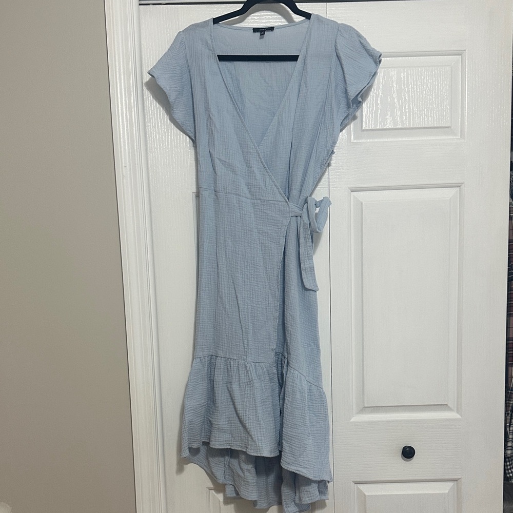 DREW Sky Blue High Low Wrap Dress